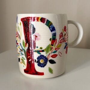 Anthropologie Starla M. Halfmann "P" mug Floral Monogram Initial Boho